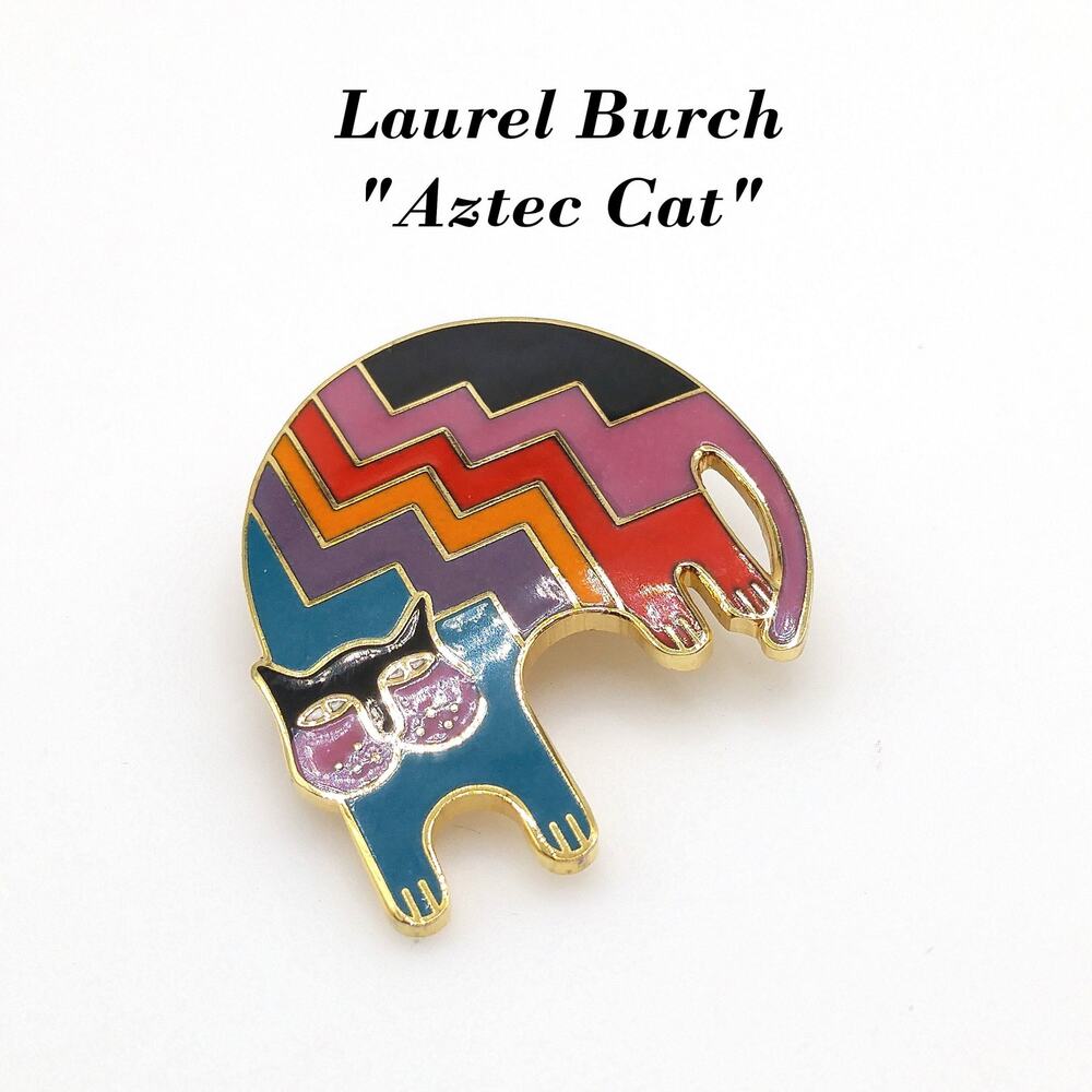 Laurel Burch "Aztec Cat" Brooch, Gold Plated, Rainbow Enamel, 1980s Vintage